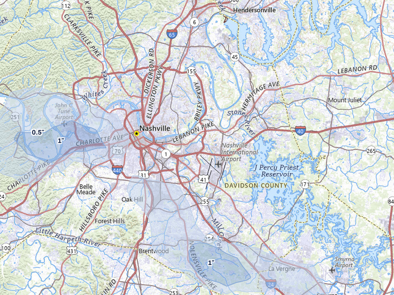 NEXRAD radar-signature map of the hail over Nashville, TN