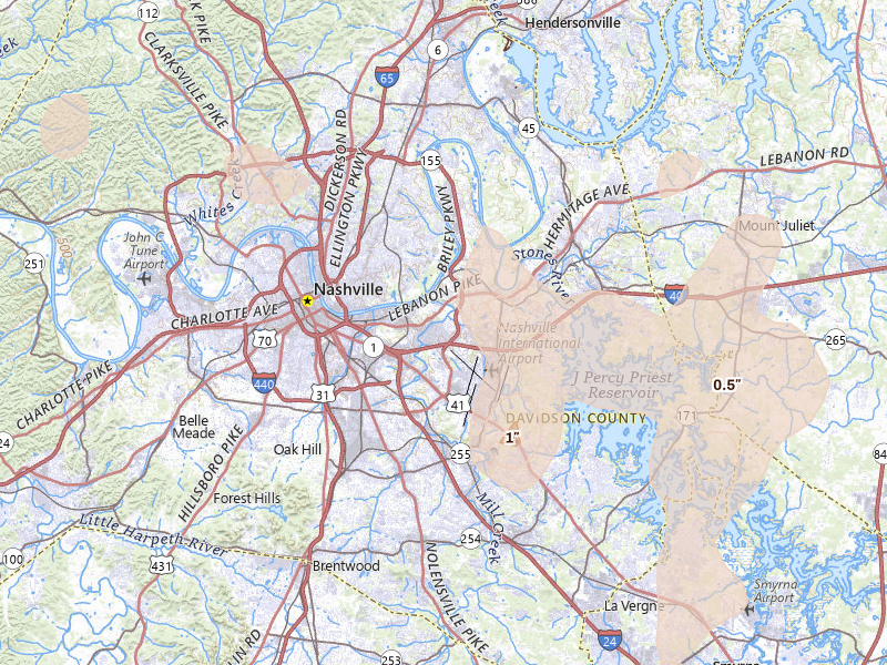 Radar-estimated hail-size map of the storm over Nashville, TN on Jun 9, 2026