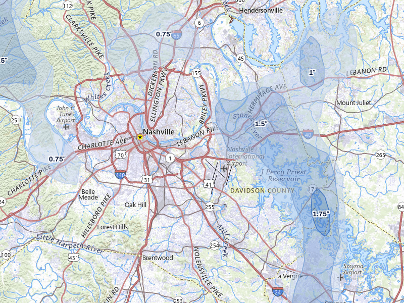 NEXRAD radar-signature map of the hail storm over Nashville, TN on Jun 9, 2026