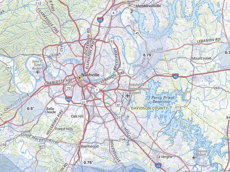 NEXRAD radar-signature map of the hail over Nashville, TN
