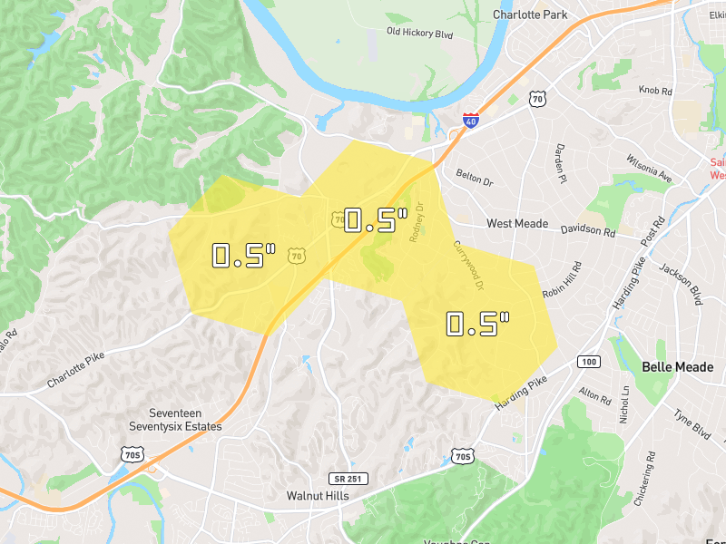 Hail map of Nashville, TN on Jul 2, 2026, hail up to 0.5"