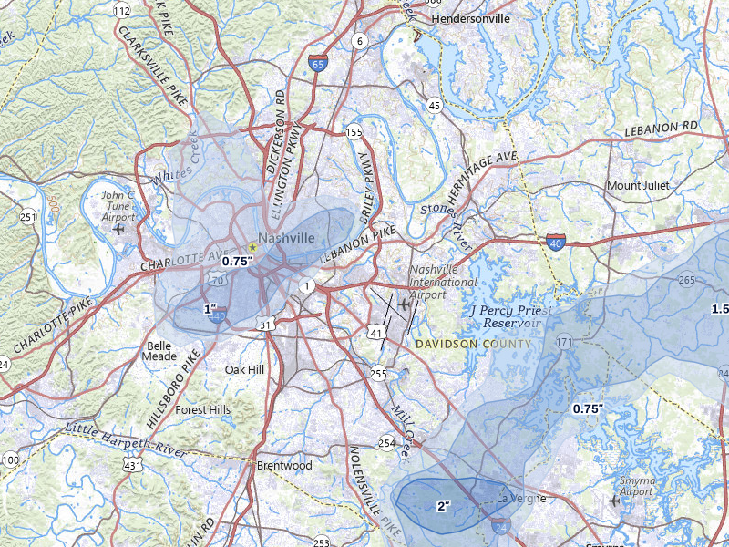 NEXRAD radar-signature map of the hail storm over Nashville, TN on Jul 3, 2026