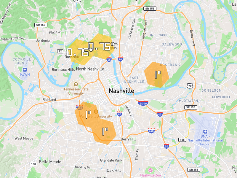 Hail map of Nashville, TN on Jul 3, 2026, hail up to 1"