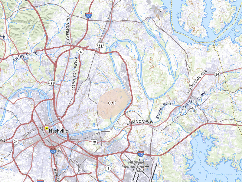 Radar-estimated hail-size map of the storm over Nashville, TN on Aug 8, 2026
