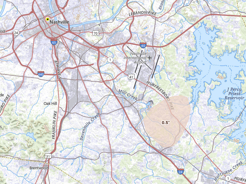 Radar-estimated hail-size map of the storm over Nashville, TN on Aug 11, 2026