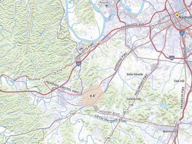 Radar-estimated hail-size map of the storm over Nashville, TN on Sep 4, 2026