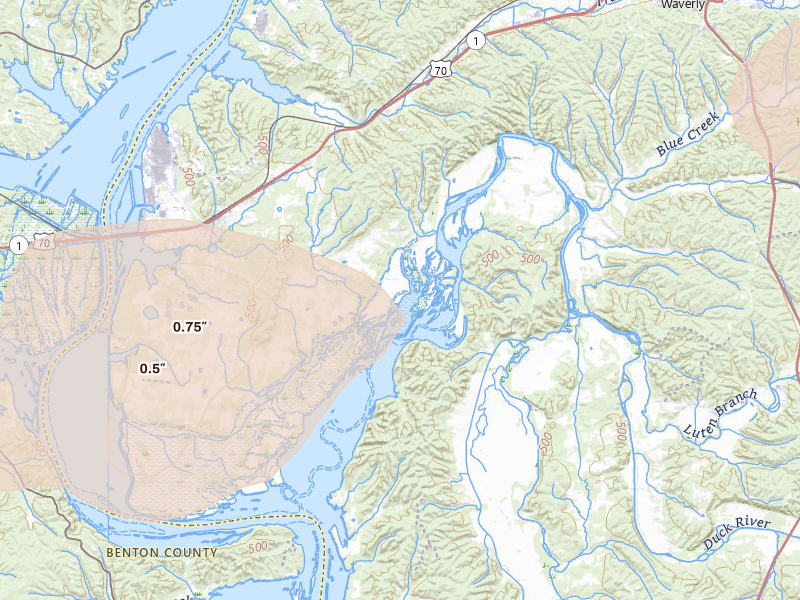 Radar-estimated hail-size map of the storm over New Johnsonville, TN on Jul 11, 2026