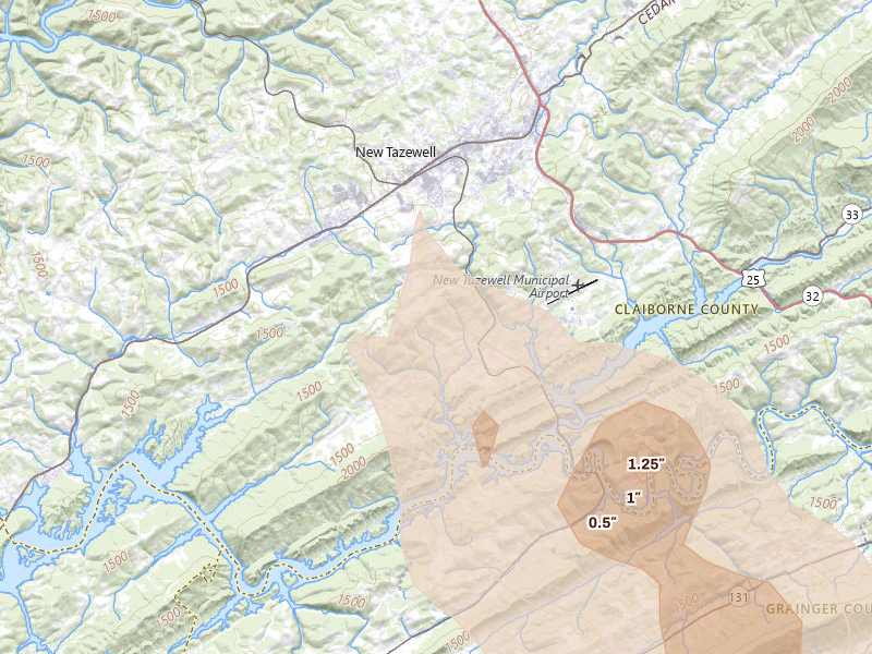 Radar-estimated hail-size map of the storm over New Tazewell, TN on Jul 28, 2026