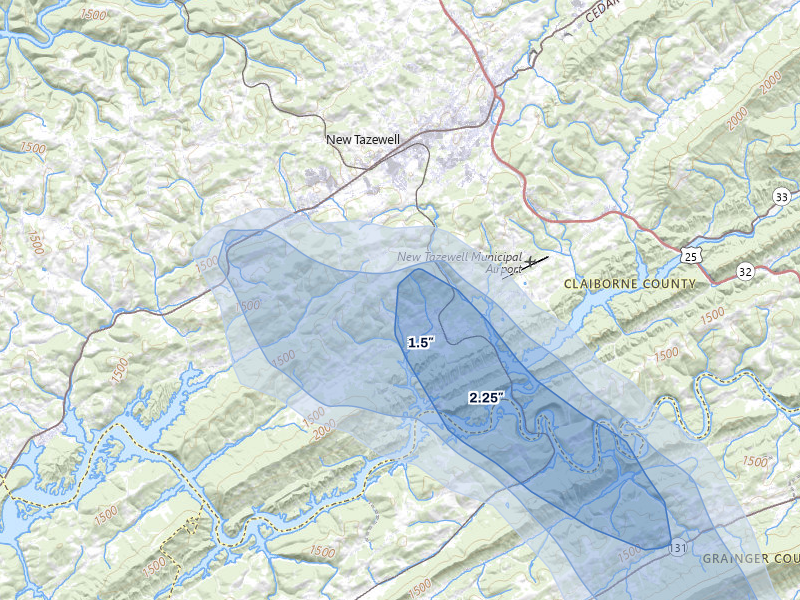 NEXRAD radar-signature map of the hail storm over New Tazewell, TN on Jul 28, 2026