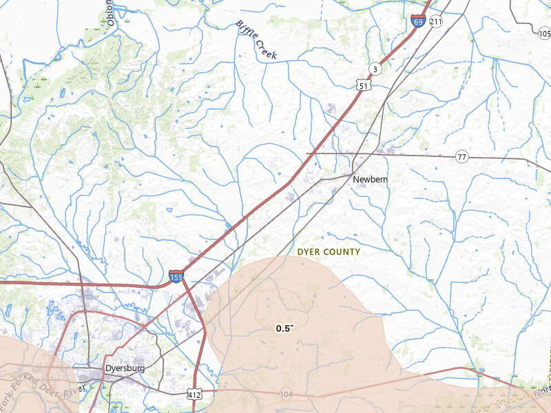 Radar-estimated hail-size map of the storm over Newbern, TN on Jul 11, 2026