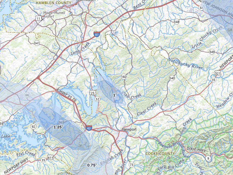 NEXRAD radar-signature map of the hail over Newport, TN