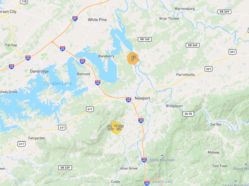 Hail map of Newport, TN on Jul 28, 2026, hail up to 1"