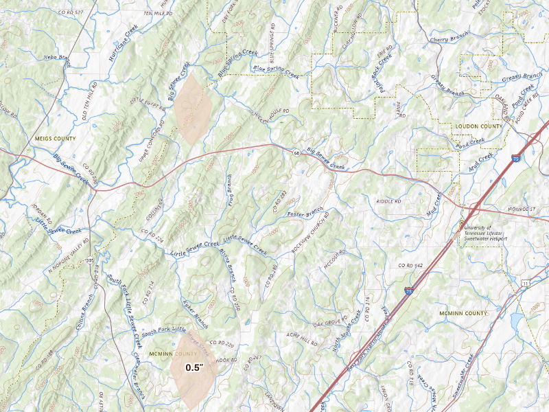 Radar-estimated hail-size map of the storm over Niota, TN