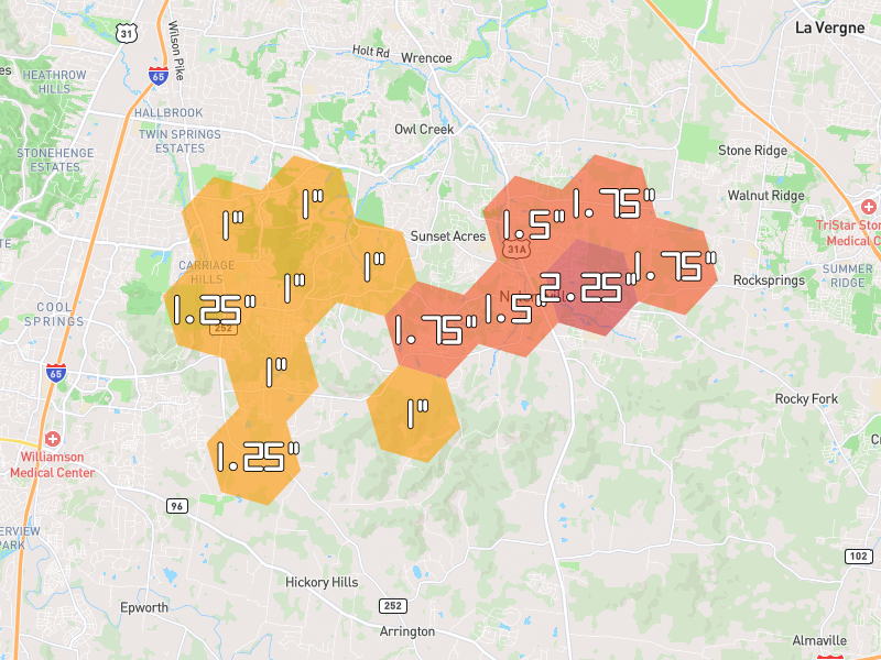 Hail map of Nolensville, TN on Jul 2, 2026, hail up to 2.25"