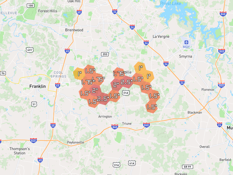 Hail map of Nolensville, TN on Jul 3, 2026, hail up to 2.5"