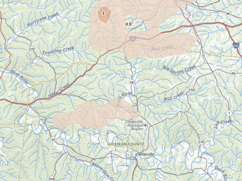 Radar-estimated hail-size map of the storm over Nunnelly, TN on Apr 27, 2026