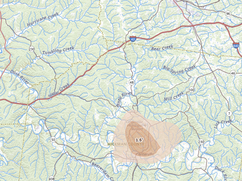 Radar-estimated hail-size map of the storm over Nunnelly, TN on Jul 2, 2026