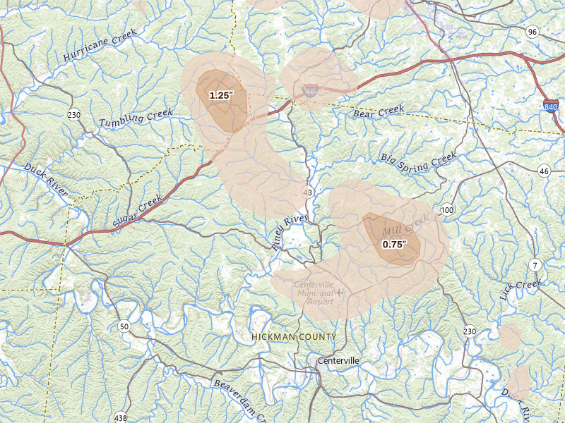 Radar-estimated hail-size map of the storm over Nunnelly, TN on Jul 3, 2026
