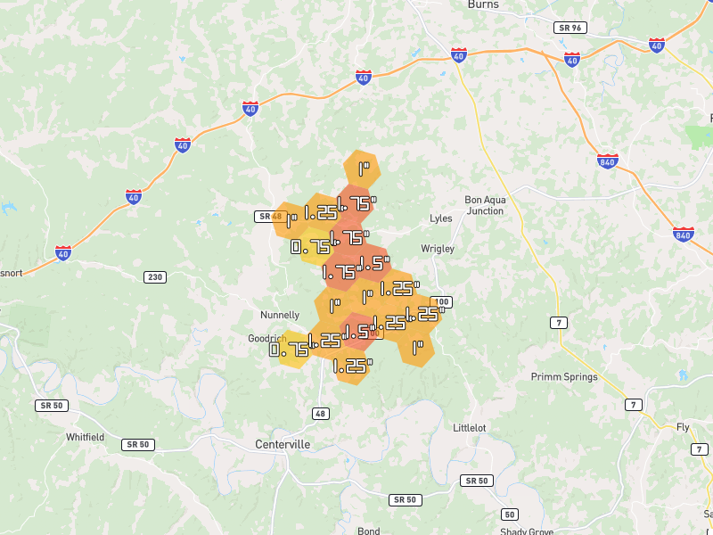 Hail map of Nunnelly, TN on Jul 3, 2026, hail up to 1.75"