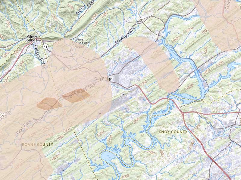 Radar-estimated hail-size map of the storm over Oak Ridge, TN on Jul 3, 2026
