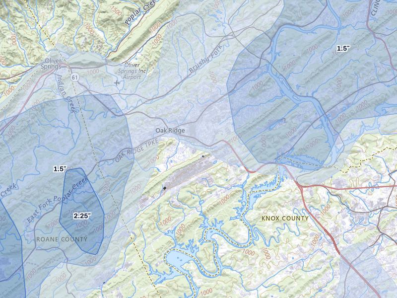 NEXRAD radar-signature map of the hail storm over Oak Ridge, TN on Jul 3, 2026