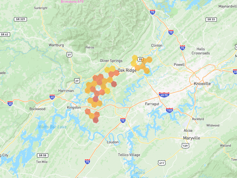 Hail map of Oak Ridge, TN on Jul 3, 2026, hail up to 2.25"