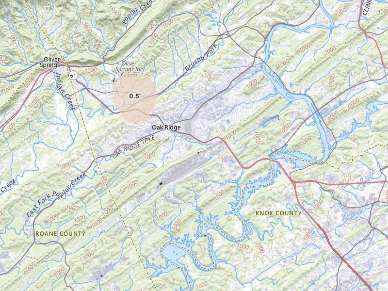 Radar-estimated hail-size map of the storm over Oak Ridge, TN on Jul 5, 2026