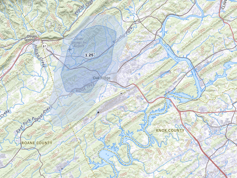 NEXRAD radar-signature map of the hail storm over Oak Ridge, TN on Jul 5, 2026