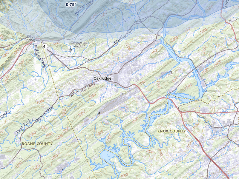 NEXRAD radar-signature map of the hail storm over Oak Ridge, TN on Aug 14, 2026