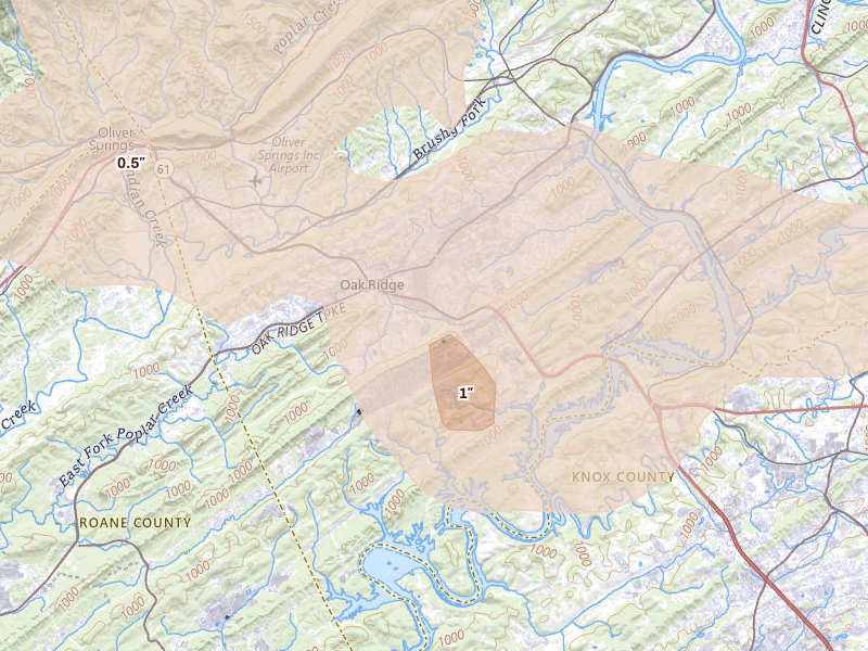 Radar-estimated hail-size map of the storm over Oak Ridge, TN on Aug 17, 2026