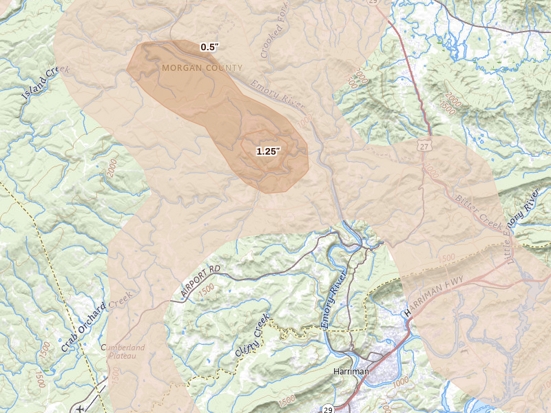 Radar-estimated hail-size map of the storm over Oakdale, TN on Jul 3, 2026