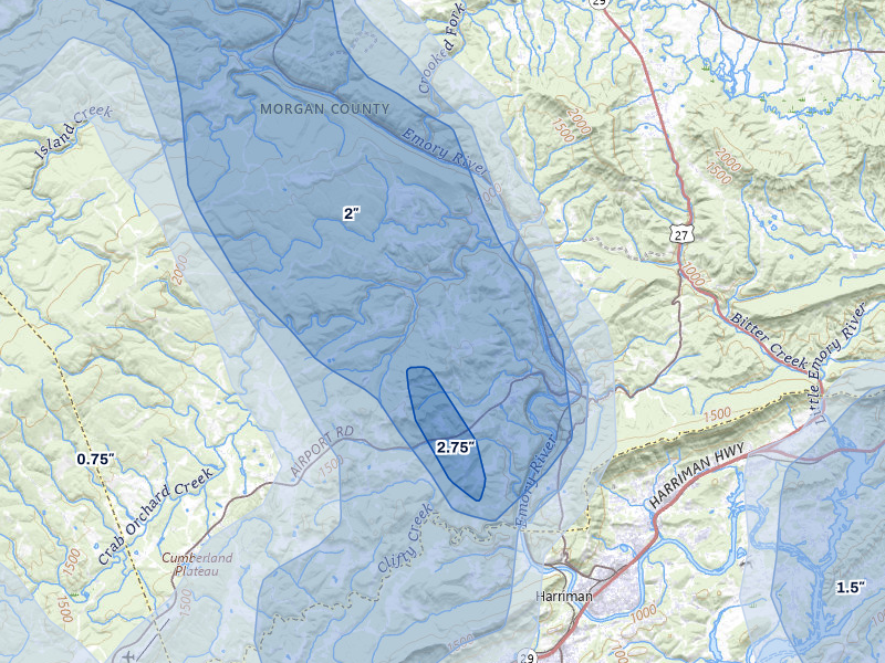 NEXRAD radar-signature map of the hail over Oakdale, TN