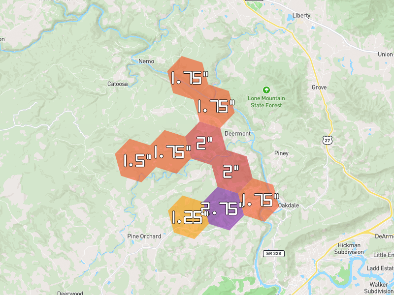 Hail map of Oakdale, TN on Jul 3, 2026, hail up to 2.75"