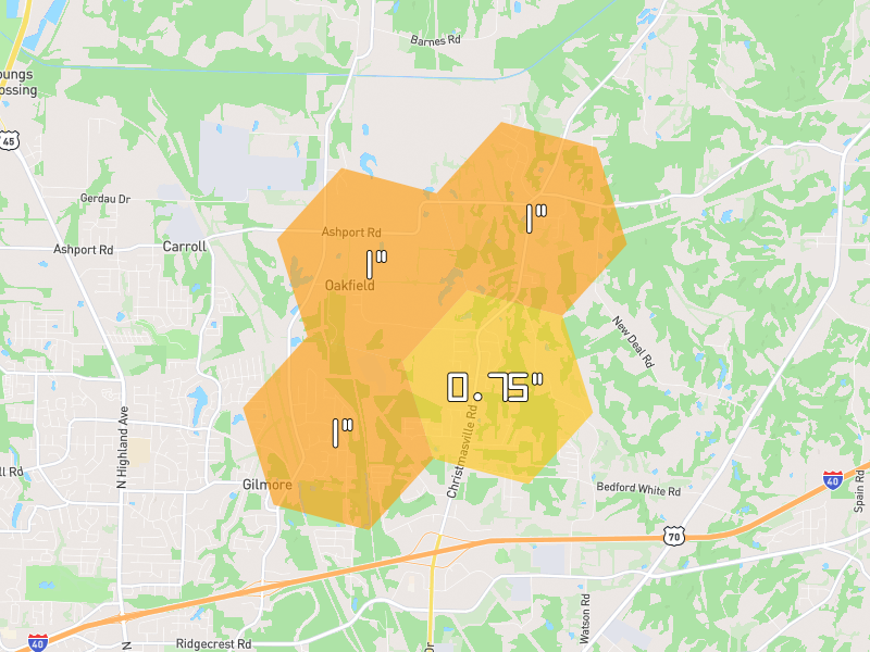 Hail map of Oakfield, TN on Jul 4, 2026, hail up to 1"
