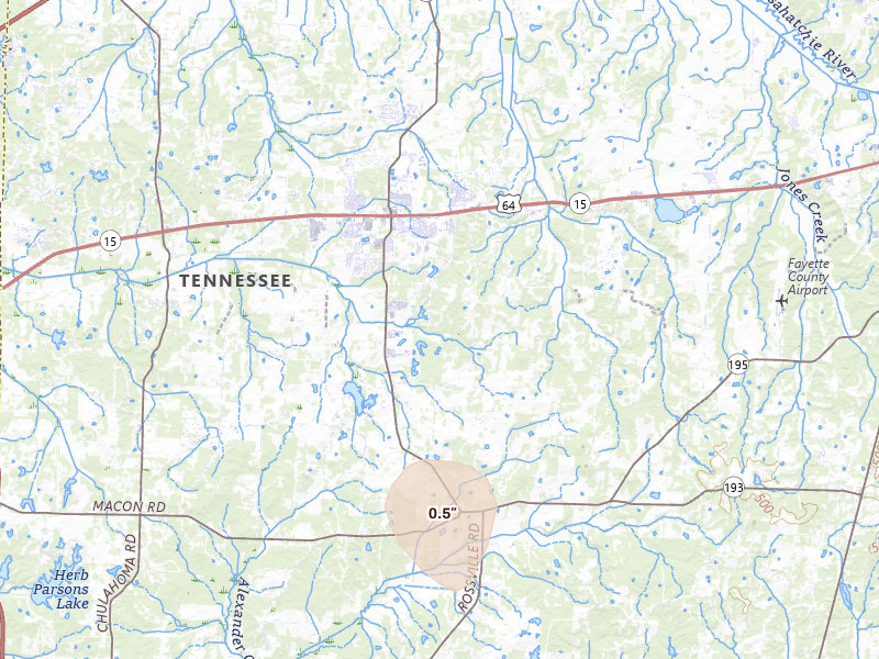 Radar-estimated hail-size map of the storm over Oakland, TN on Jul 10, 2026