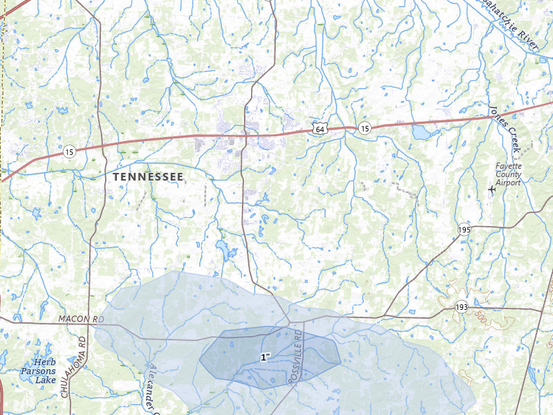 NEXRAD radar-signature map of the hail storm over Oakland, TN on Jul 10, 2026