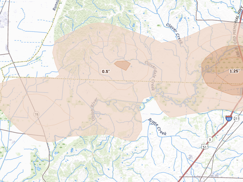 Radar-estimated hail-size map of the storm over Obion, TN on Jun 13, 2026
