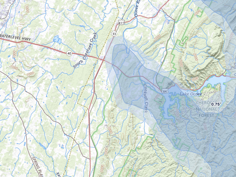 NEXRAD radar-signature map of the hail storm over Ocoee, TN on Jul 28, 2026