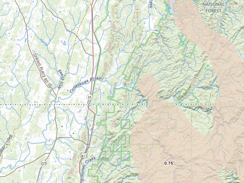 Radar-estimated hail-size map of the storm over Old Fort, TN on Jul 28, 2026