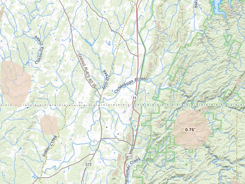 Radar-estimated hail-size map of the storm over Old Fort, TN on Aug 7, 2026