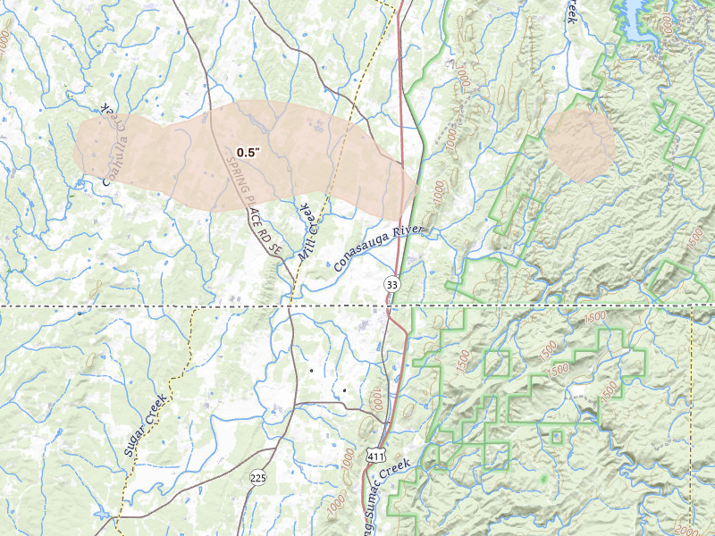 Radar-estimated hail-size map of the storm over Old Fort, TN on Aug 11, 2026