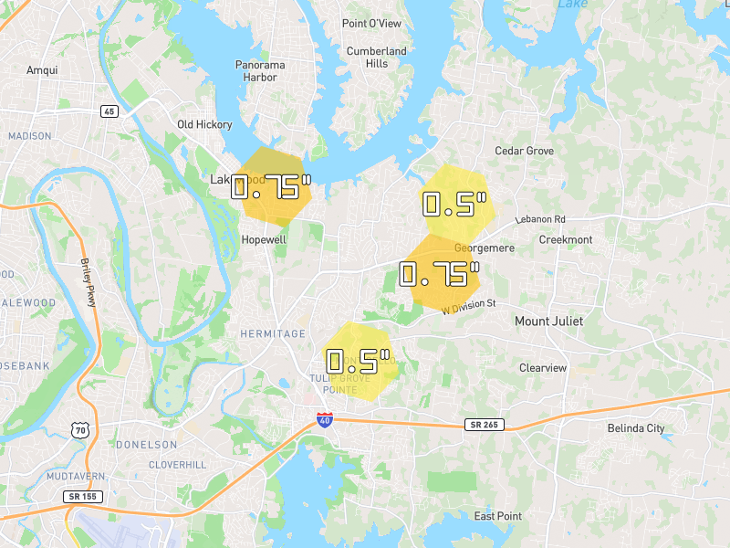 Hail map of Old Hickory, TN on Jul 22, 2026, hail up to 0.75"
