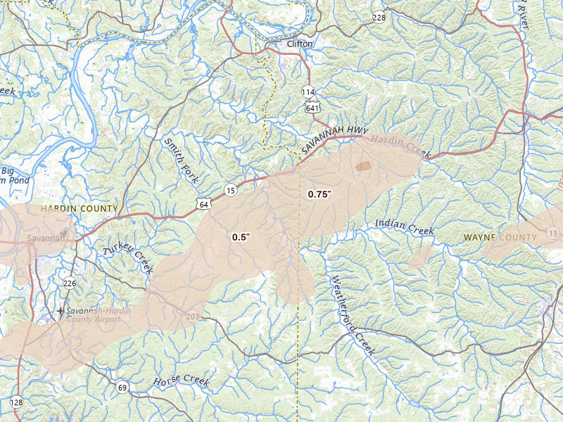Radar-estimated hail-size map of the storm over Olivehill, TN
