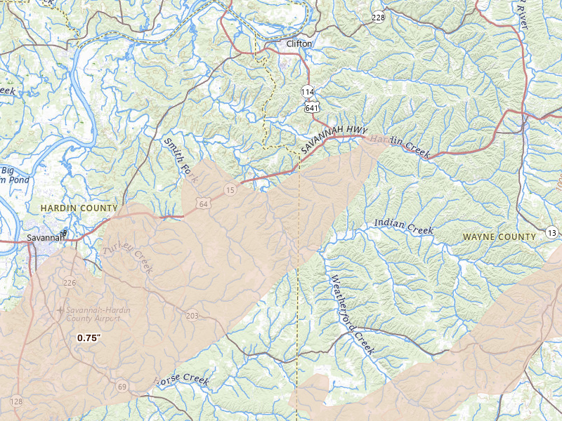 Radar-estimated hail-size map of the storm over Olivehill, TN on Mar 15, 2026