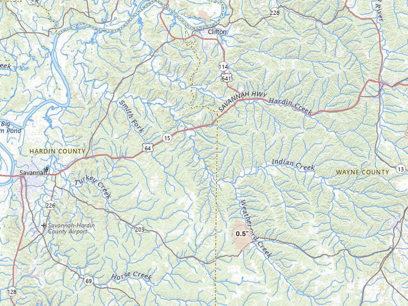 Radar-estimated hail-size map of the storm over Olivehill, TN on May 31, 2026