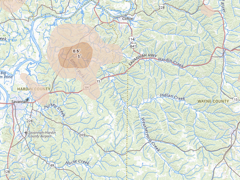 Radar-estimated hail-size map of the storm over Olivehill, TN on Jul 2, 2026