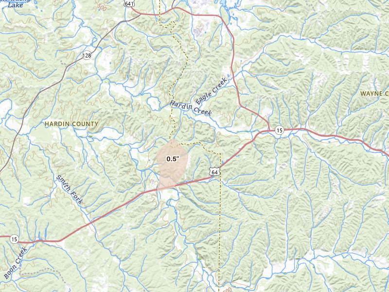 Radar-estimated hail-size map of the storm over Olivehill, TN on Aug 26, 2026