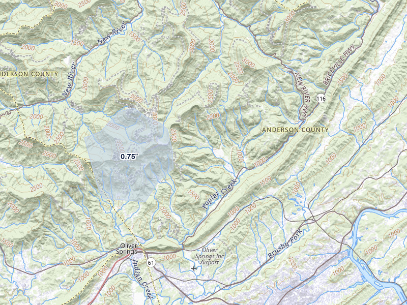 NEXRAD radar-signature map of the hail over Oliver Springs, TN