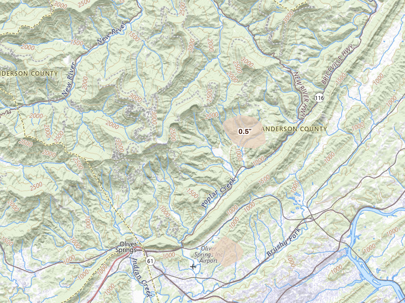 Radar-estimated hail-size map of the storm over Oliver Springs, TN on Aug 14, 2026