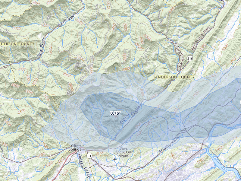 NEXRAD radar-signature map of the hail storm over Oliver Springs, TN on Aug 14, 2026